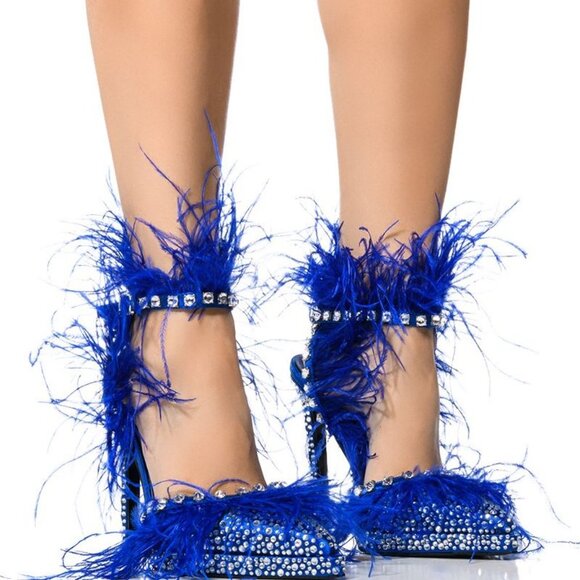 AZALEA WANG " SEEN ON SCENE " BLUE FEATHER AND DIAMOND EMBELLISHED (BRAND NEW !! - Picture 1 of 7
